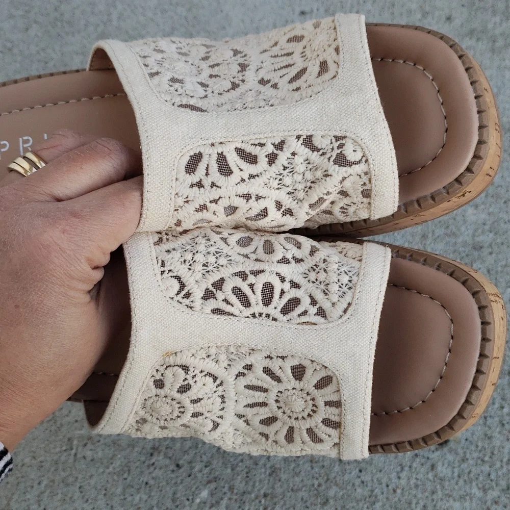 ESPRIT Pheby Floral Embroidered Platform Corks Block Heel Sandals Neutral Boho